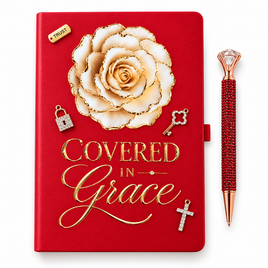 Covered in Grace Journal in red with a large cream flower, gold lettering, rhinestone charms, and matching beaded pen