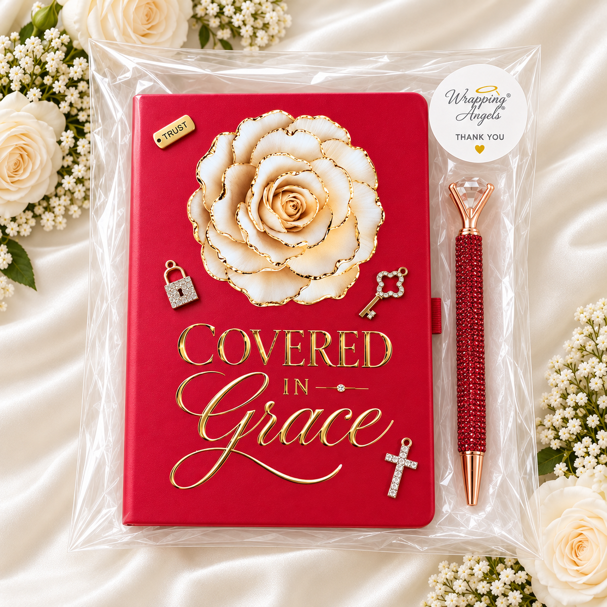 Covered in Grace Journal, red bound cover with large white rose, gold lettering, lock, key and cross embellishments