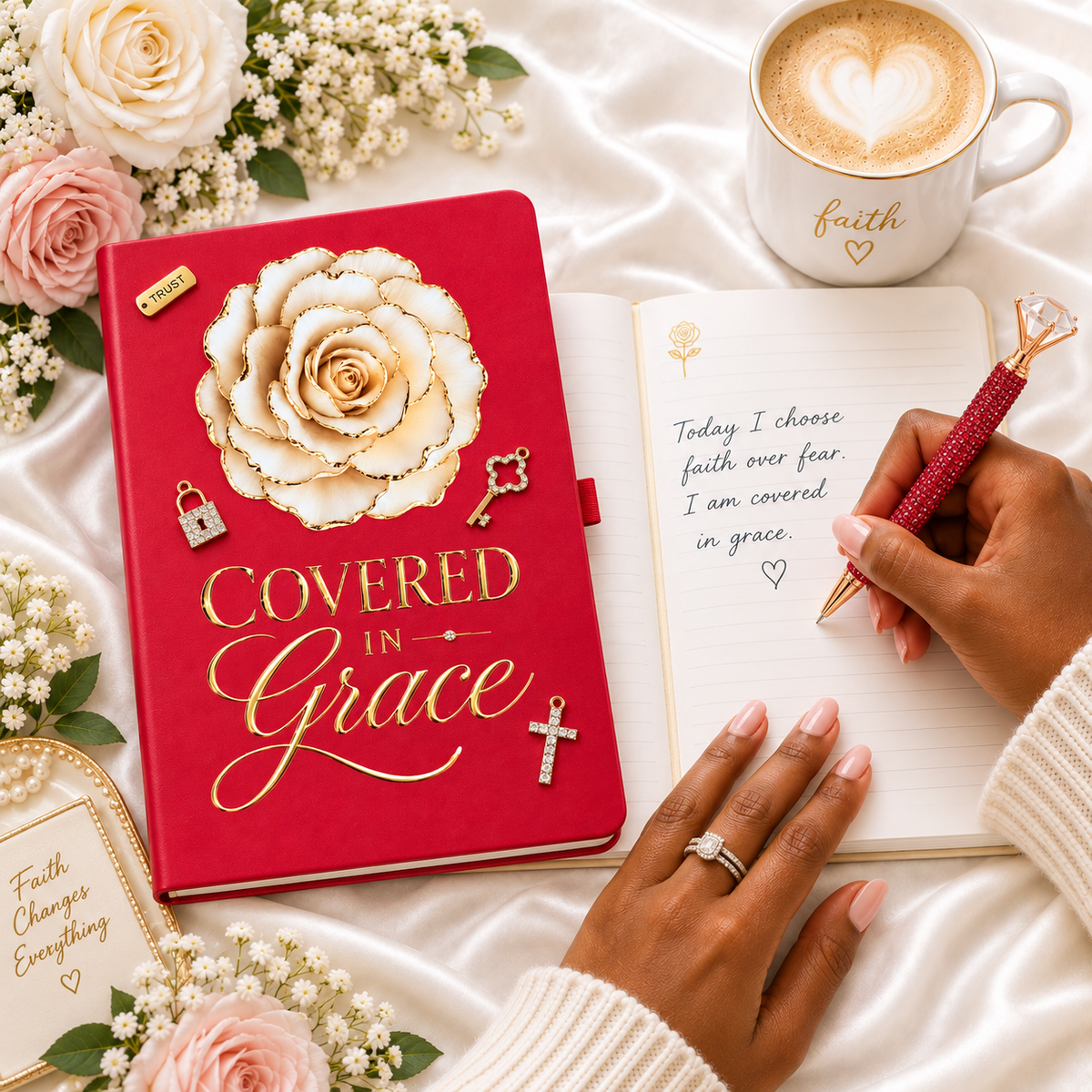 Covered in Grace Journal with a red cover, ornate white rose embellishment, gold lettering, lock, key and cross details