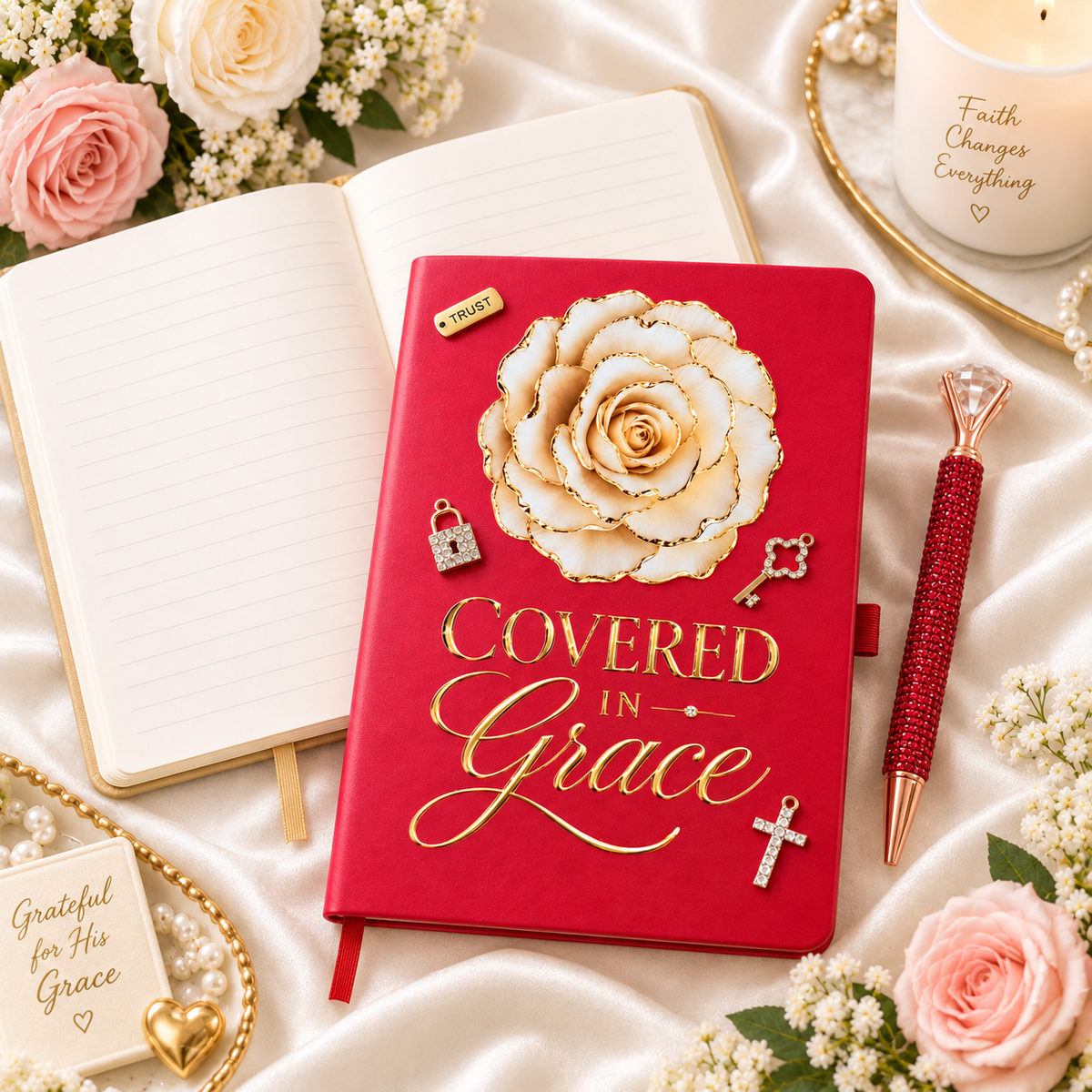 Covered in Grace Journal with a red cover, ornate gold lettering, layered white rose, and faith-inspired embellishments