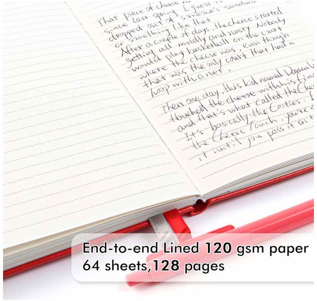 Created With a Purpose journal open to lined pages with handwritten notes, red hardcover edges, and ribbon bookmarks