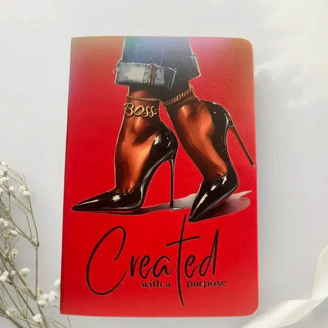 Created With a Purpose journal with a vivid red cover, illustrated high heels and legs, and black script lettering