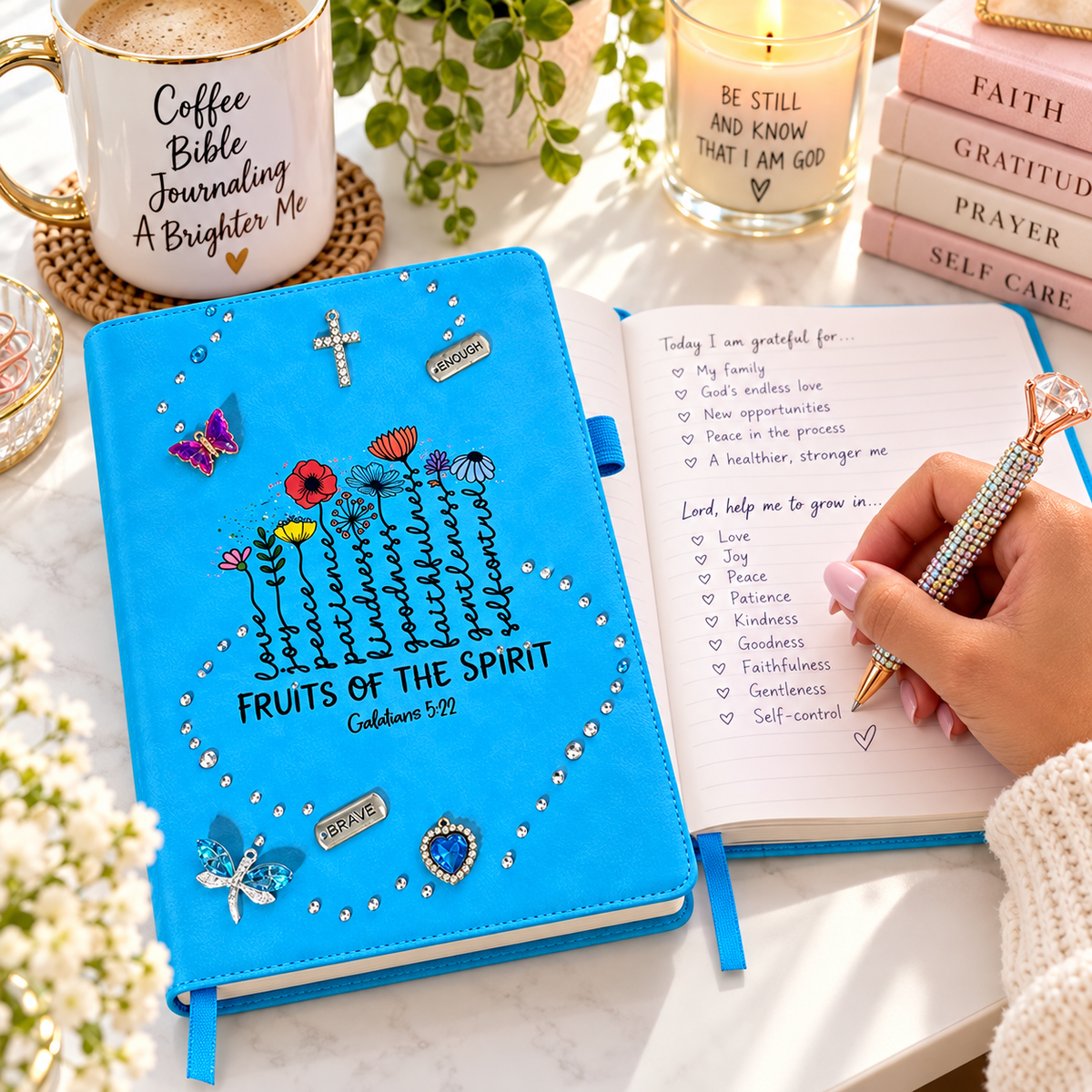 Fruits of the Spirit Christian Journal in bright blue with floral embroidery, rhinestones, charms, cross, and ribbon bookmark
