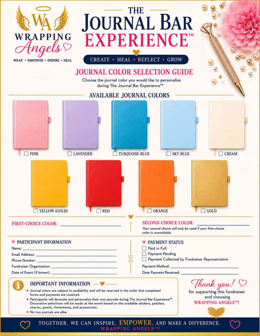 Fundraiser journal color selection guide showing vibrant hardcover journals, color options, and participant information