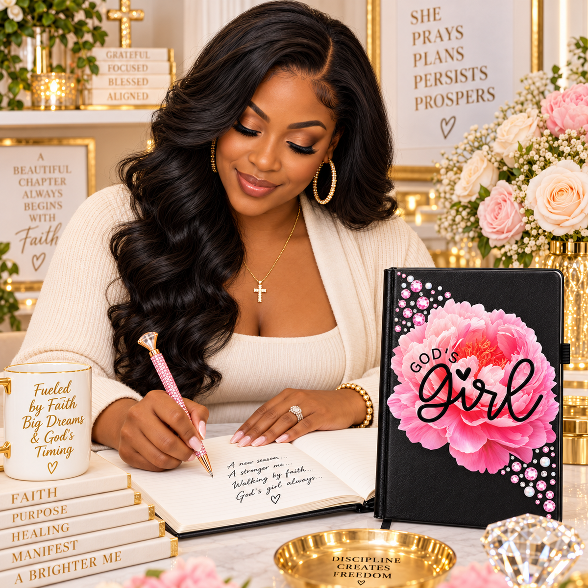 God’s Girl Journal black floral faith journal with pink flower, rhinestone embellishments, and coordinating pen