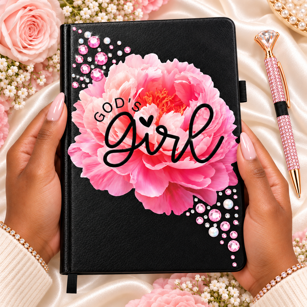 God’s Girl Journal with black cover, large pink floral design, bold script lettering, and rhinestone embellishments