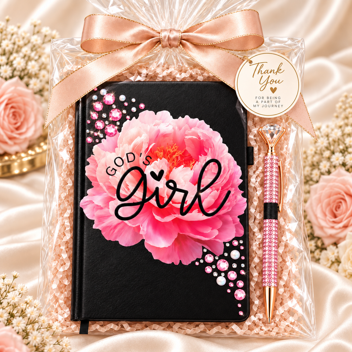 God’s Girl Journal with black cover, pink floral design, rhinestone embellishments, and coordinating jeweled pen