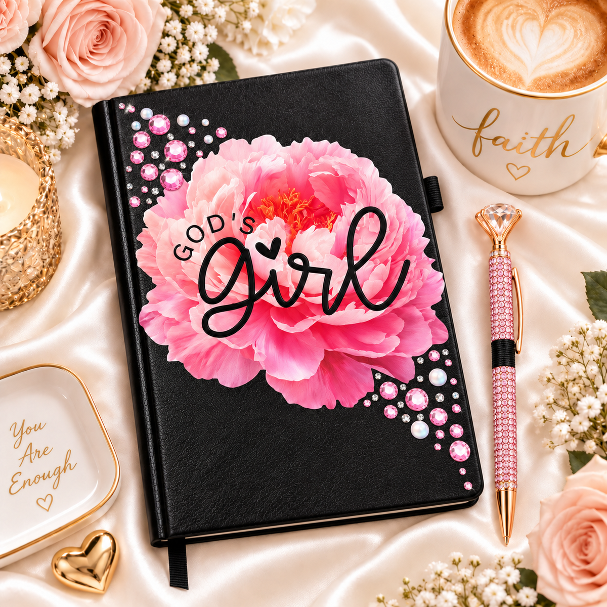 God’s Girl Journal with a black cover, large pink floral design, embellished rhinestones, and matching jeweled pen