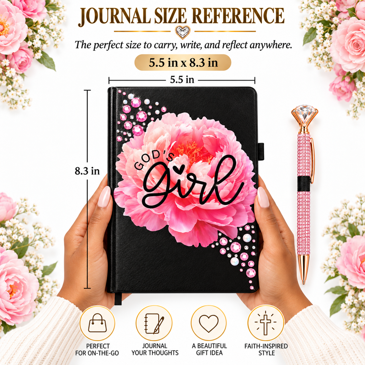 God’s Girl Journal black floral journal with pink flower, rhinestone embellishments, and coordinating jeweled pen