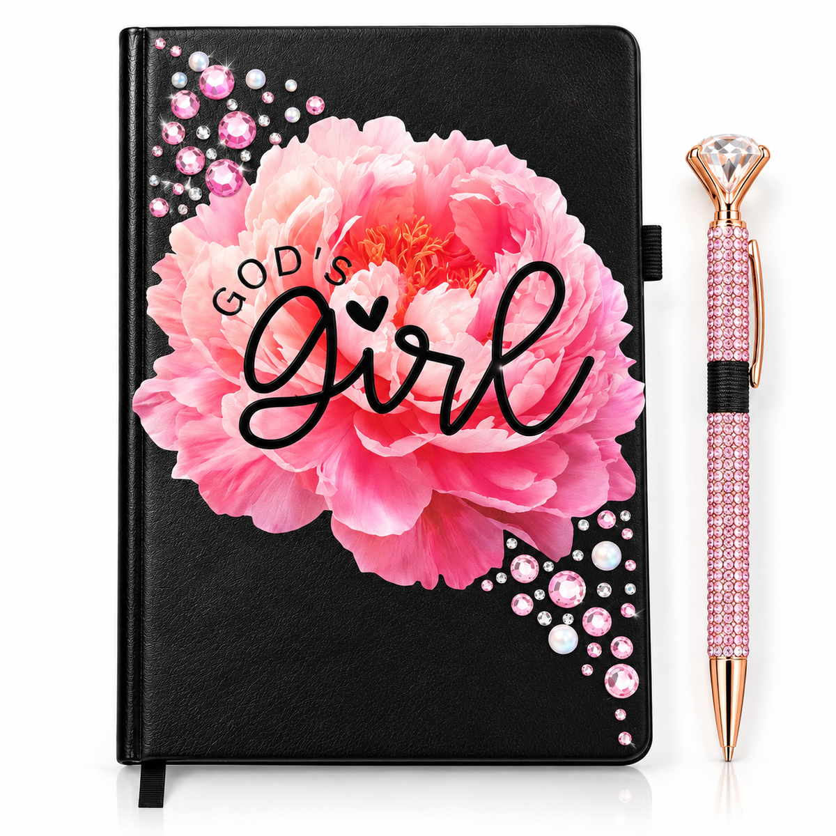 God’s Girl Journal with black cover, large pink floral design, rhinestone embellishments, and matching jeweled pen