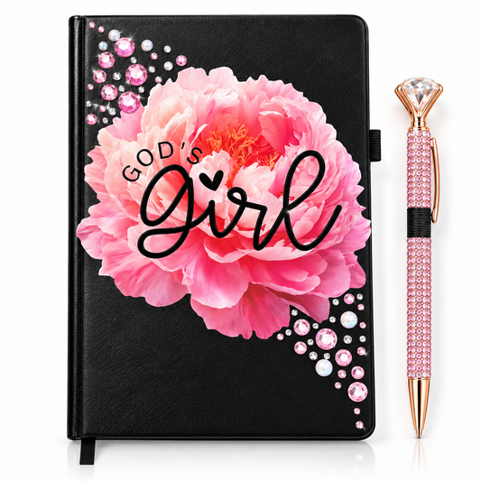 God’s Girl Journal with black cover, large pink floral design, rhinestone embellishments, and matching jeweled pen