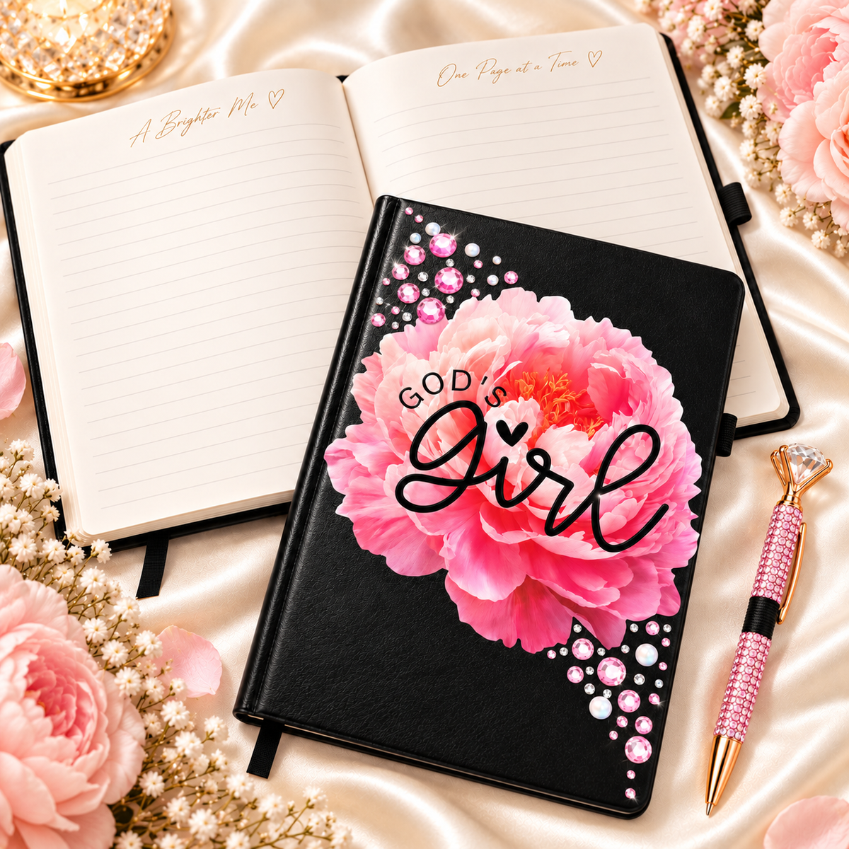 God’s Girl Journal with a black cover, pink floral design, bold script lettering, and rhinestone embellishments