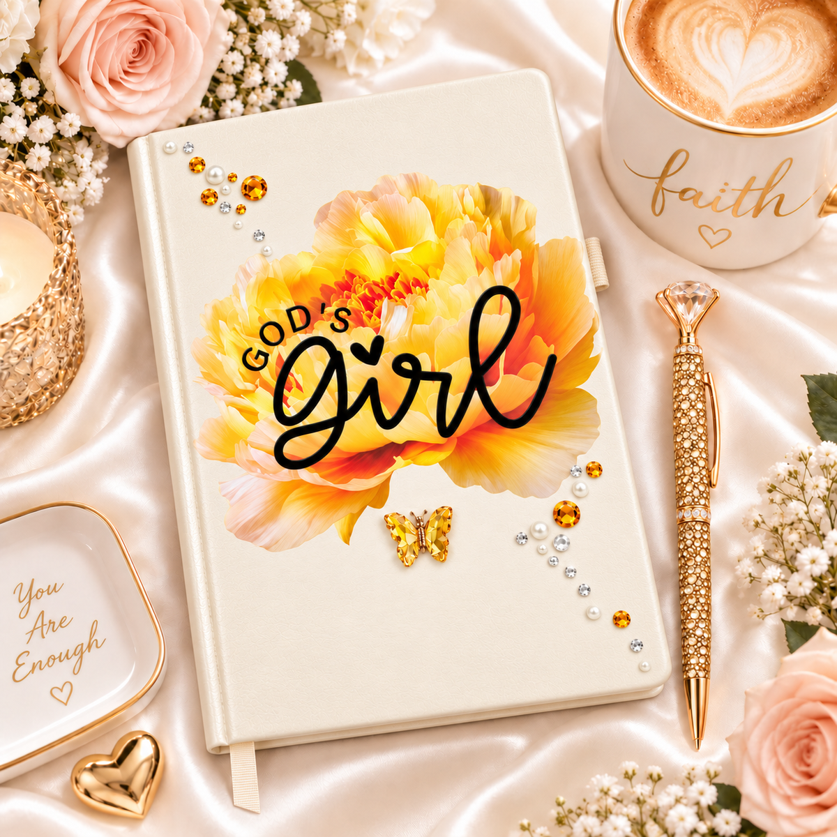 Ivory God’s Girl Journal with a cream cover, vibrant floral centerpiece, rhinestone accents, and butterfly embellishment