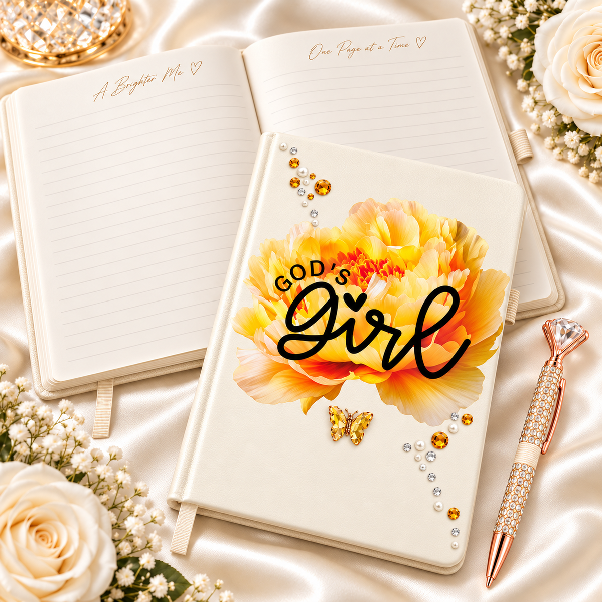 Ivory God’s Girl Journal with floral cover, bold black lettering, rhinestone accents, butterfly charm, and pen