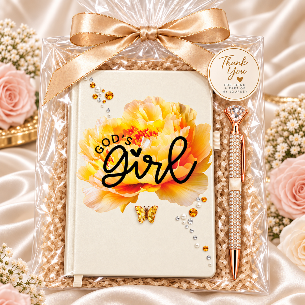 Ivory God’s Girl Journal with floral cover, gold lettering, rhinestone embellishments, and matching jeweled pen