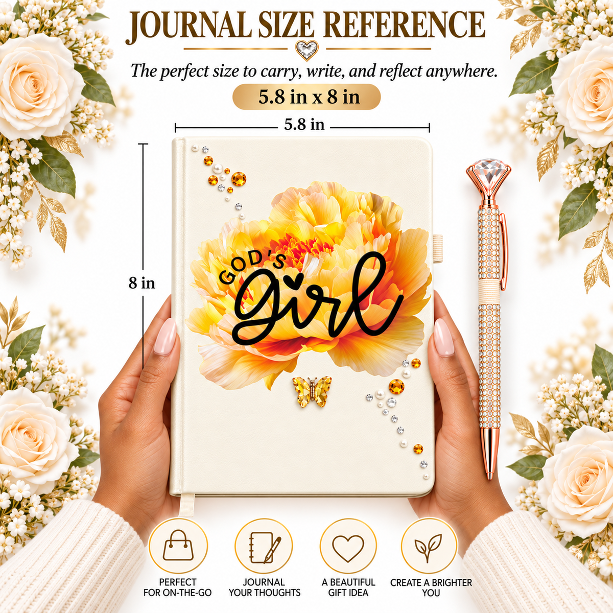 Ivory God’s Girl Journal with cream cover, bold black lettering, yellow floral design, rhinestone accents and matching pen