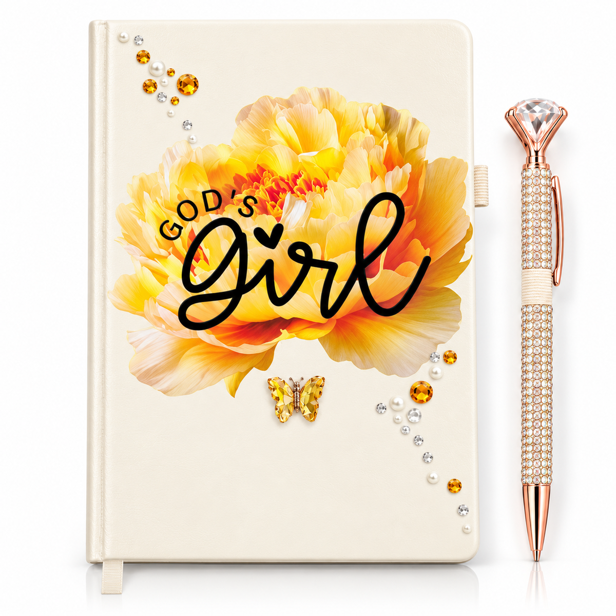 Ivory God’s Girl Journal with cream cover, vibrant yellow-orange floral design, rhinestone accents, butterfly charm, and jeweled pen