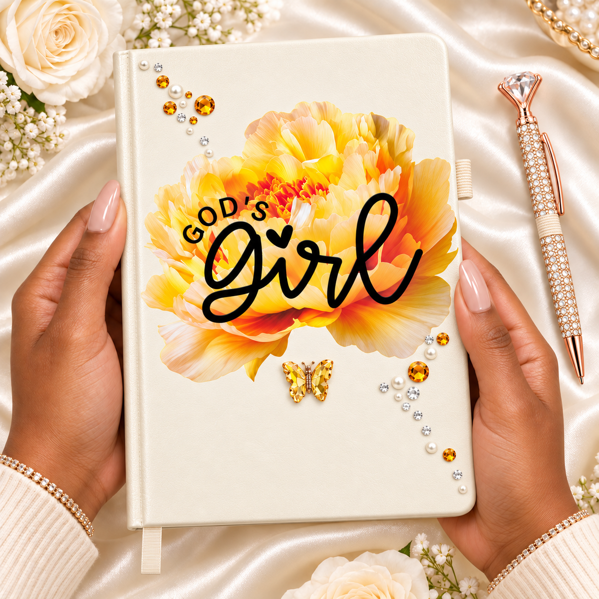 Ivory God’s Girl Journal with bold black script, vibrant yellow floral design, and rhinestone and pearl embellishments