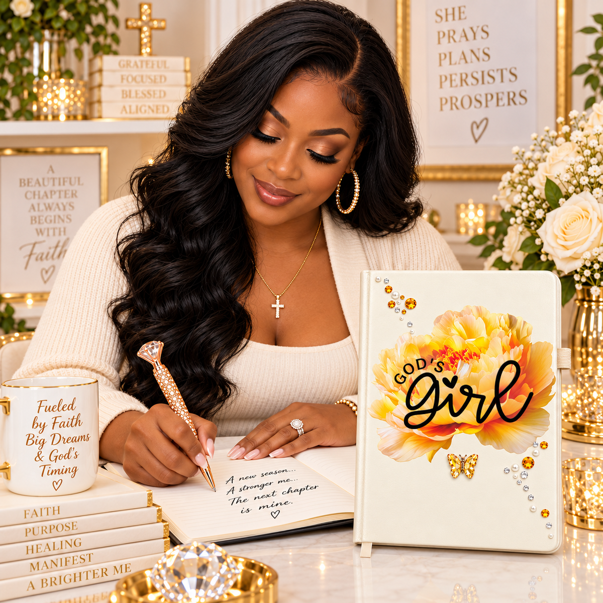 Ivory God’s Girl Journal with floral cover, bold lettering, rhinestone embellishments, and coordinating jeweled pen