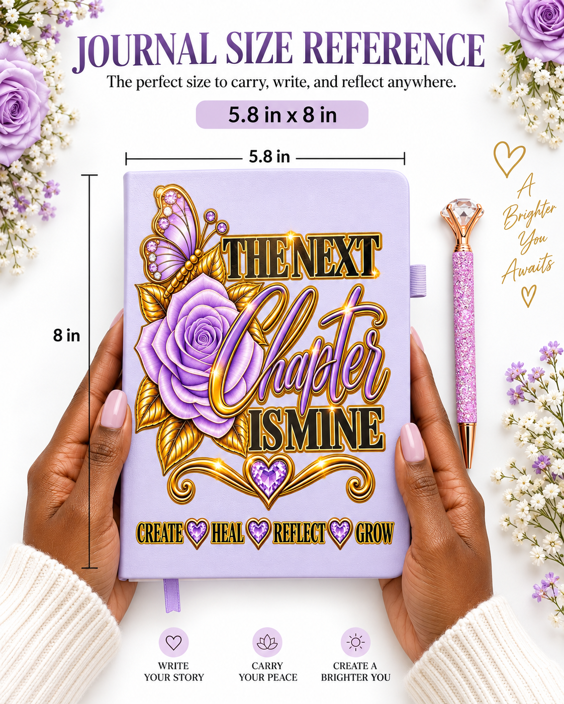 Lavender handcrafted journal with purple rose, jeweled butterfly, gold lettering, hearts, and coordinating pink glitter pen