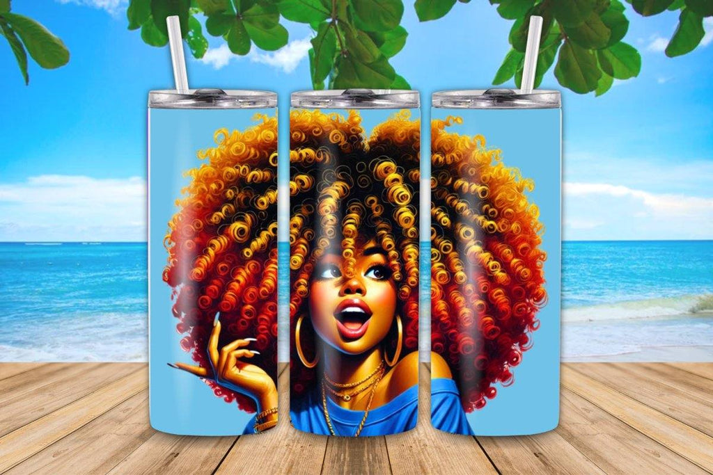 Stainless steel tumbler with a colorful design of a woman.