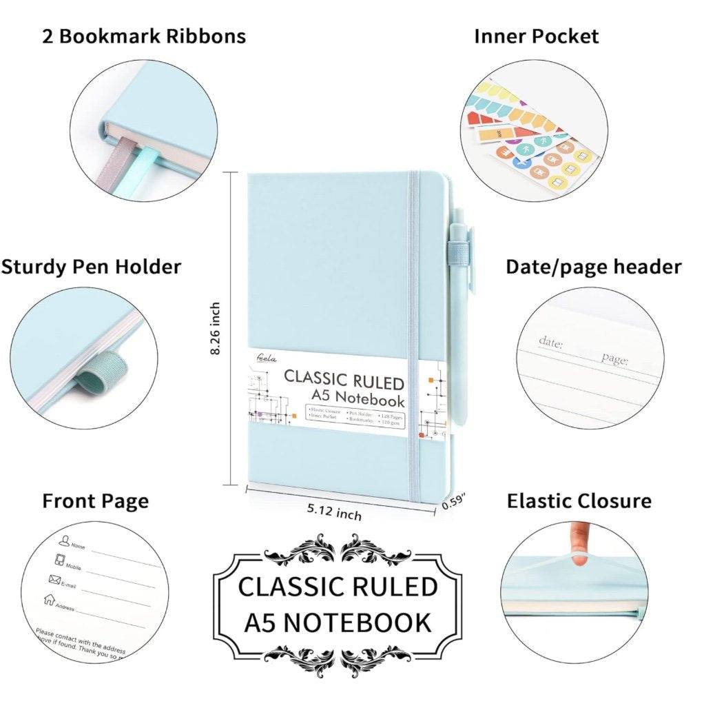 Light blue notebook with features highlighted on a white background