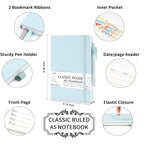 Light blue notebook with features highlighted on a white background