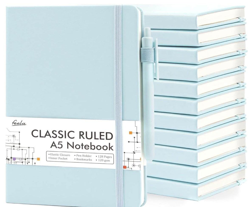 Light blue A5 notebooks with a stack of books on a white background