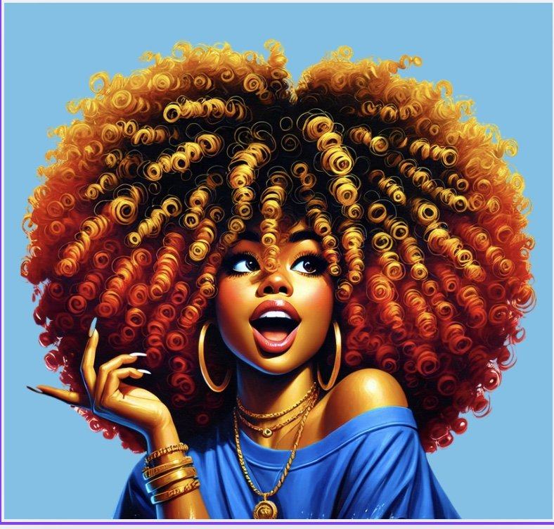 Illustration of a woman with a large, styled afro against a blue background