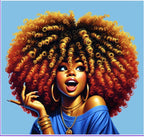 Illustration of a woman with a large, styled afro against a blue background