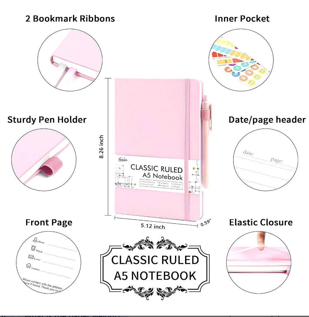 Pink notebook with features highlighted on a white background