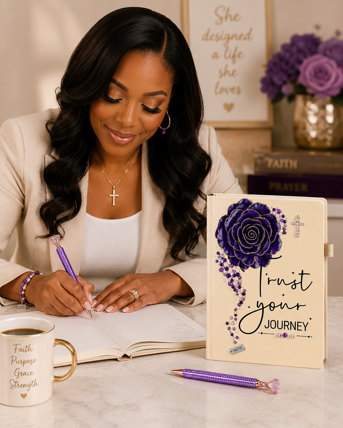Purple Christian journal with cream cover, dark purple rose, rhinestone cross, pearl accents, and Trust Your Journey lettering