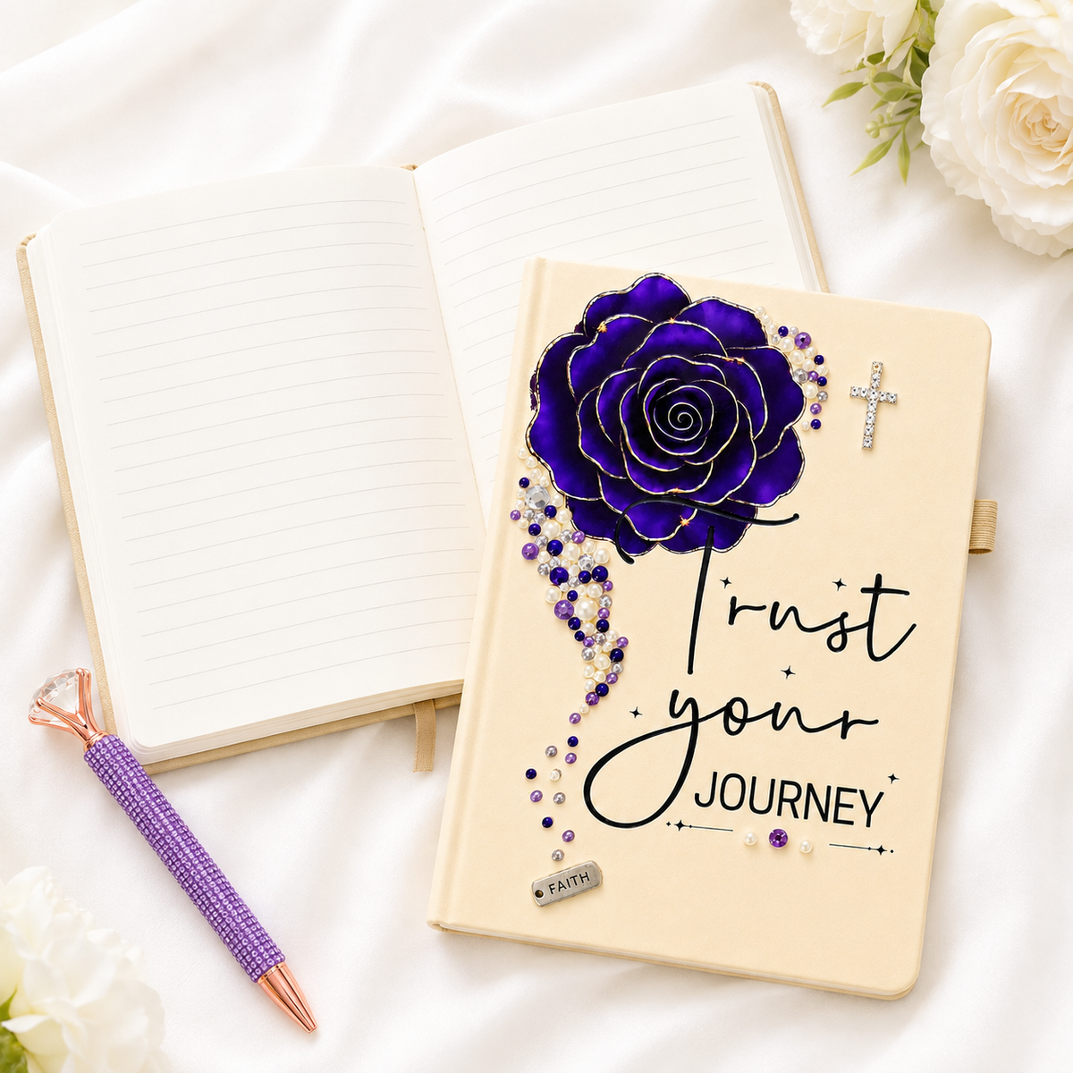 purple Christian journal with cream cover, dramatic purple rose, rhinestone cross, pearls, crystals, and Trust Your Journey lettering