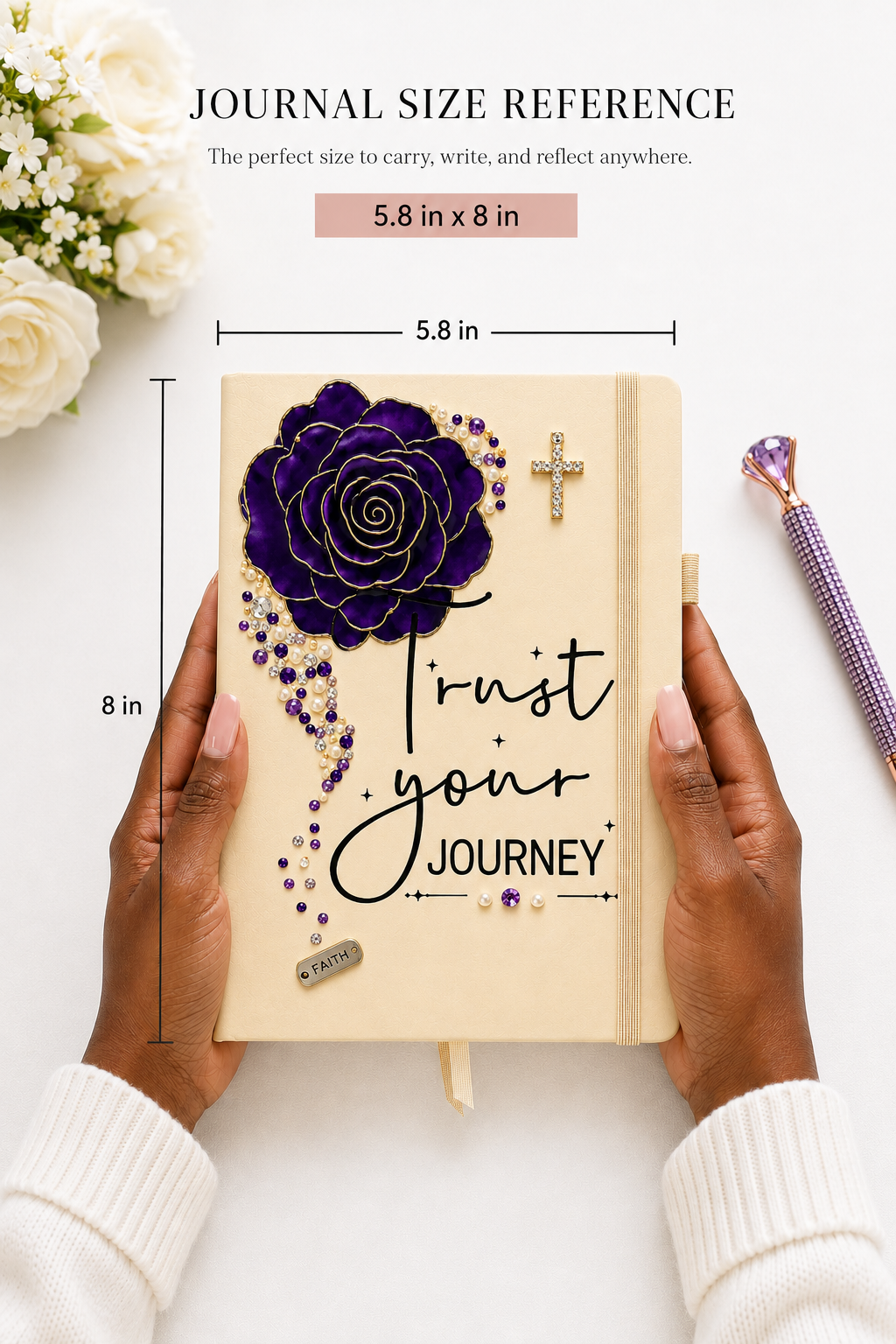 purple Christian journal with a cream cover, large purple rose, rhinestone cross, pearls, crystals, and Trust Your Journey lettering