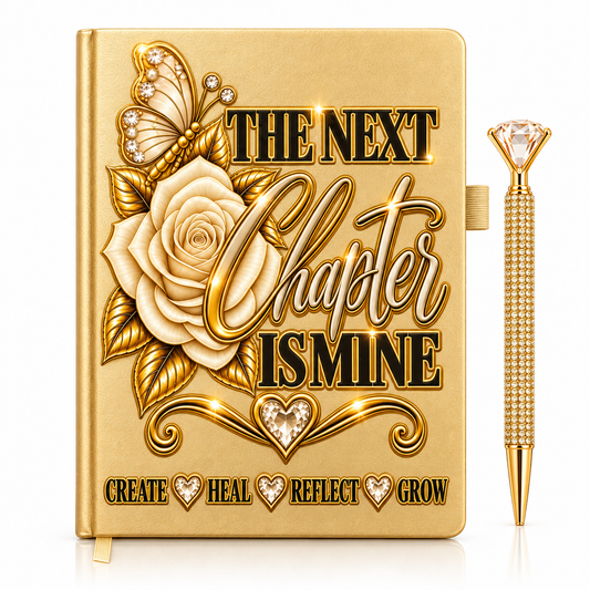 The Next Chapter Is Mine Journal in gold with ornate floral embellishments, heart accents, and matching rhinestone pen