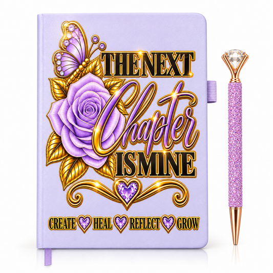 The Next Chapter Is Mine Journal in lavender with floral details and coordinating rhinestone pen
