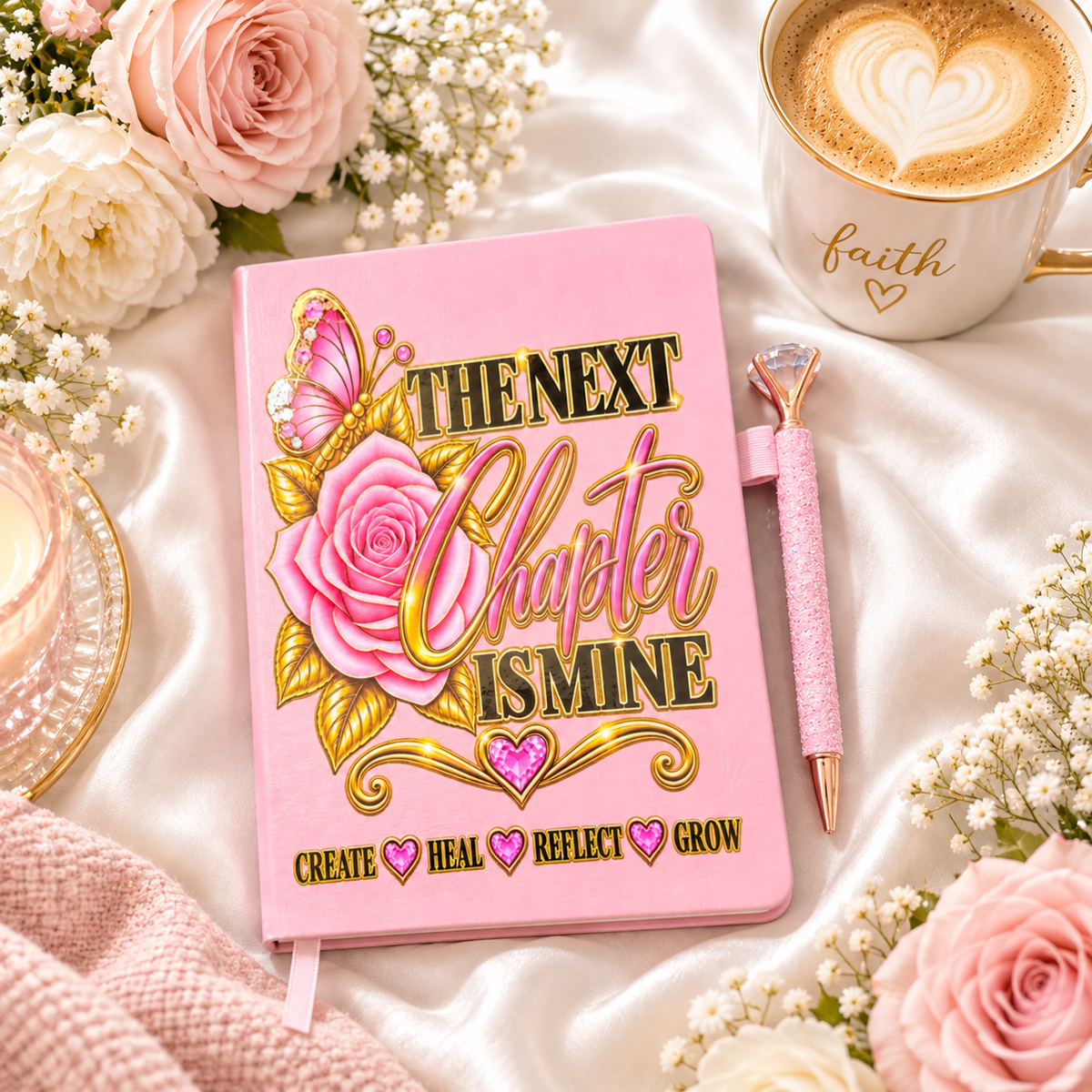 The Next Chapter Is Mine Journal, pink handcrafted cover with butterfly, rose, gold lettering, heart and rhinestone details