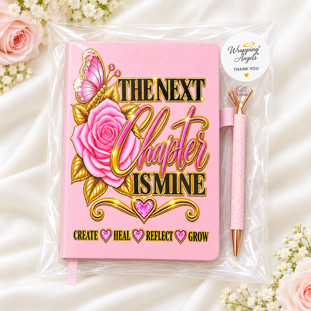 The Next Chapter Is Mine Journal in pink with butterfly, rose, heart, gold lettering, ribbon bookmark and matching rhinestone pen