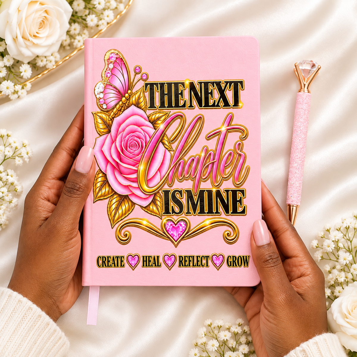 The Next Chapter Is Mine Journal, pink handcrafted journal with floral, butterfly, heart and gold embellishments
