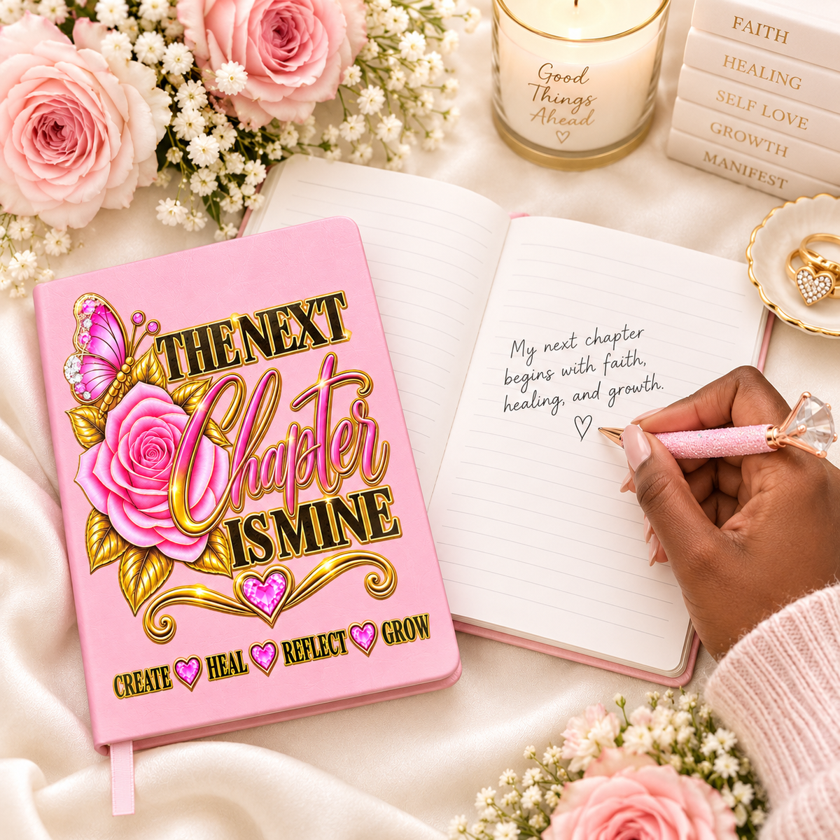 The Next Chapter Is Mine Journal in pink with floral butterfly heart embellishments and gold lettering