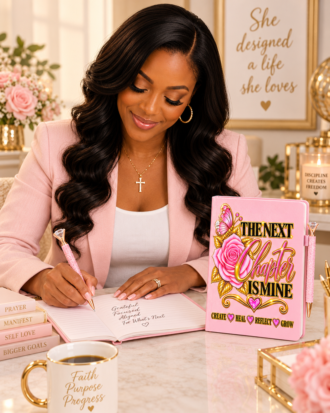 The Next Chapter Is Mine Journal, pink bound cover with floral, butterfly, heart, gold lettering and rhinestone details