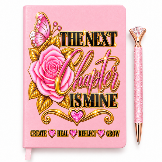 The Next Chapter Is Mine Journal, pink bound cover with floral butterfly artwork, gold lettering, hearts, and rhinestones