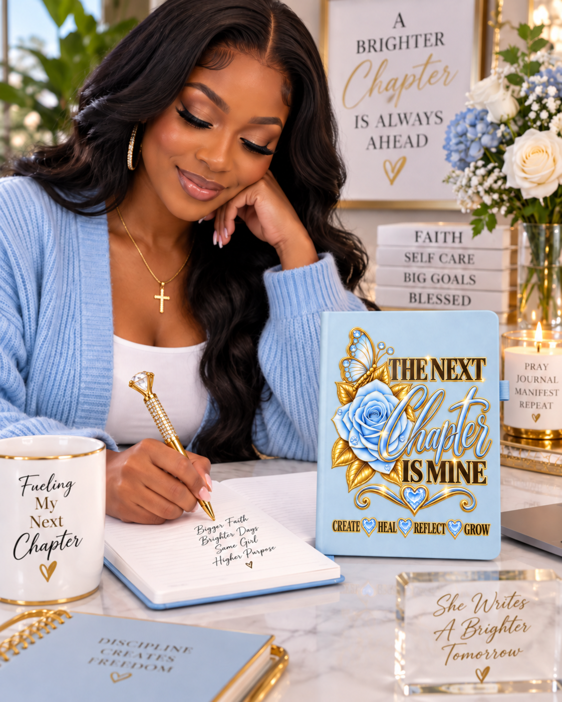 The Next Chapter Is Mine Journal with powder blue cover, blue rose, jeweled butterfly, gold lettering, and matching pen
