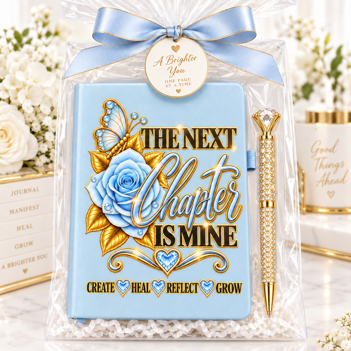 The Next Chapter Is Mine Journal in powder blue with blue rose, jeweled butterfly, gold lettering, and matching crystal pen