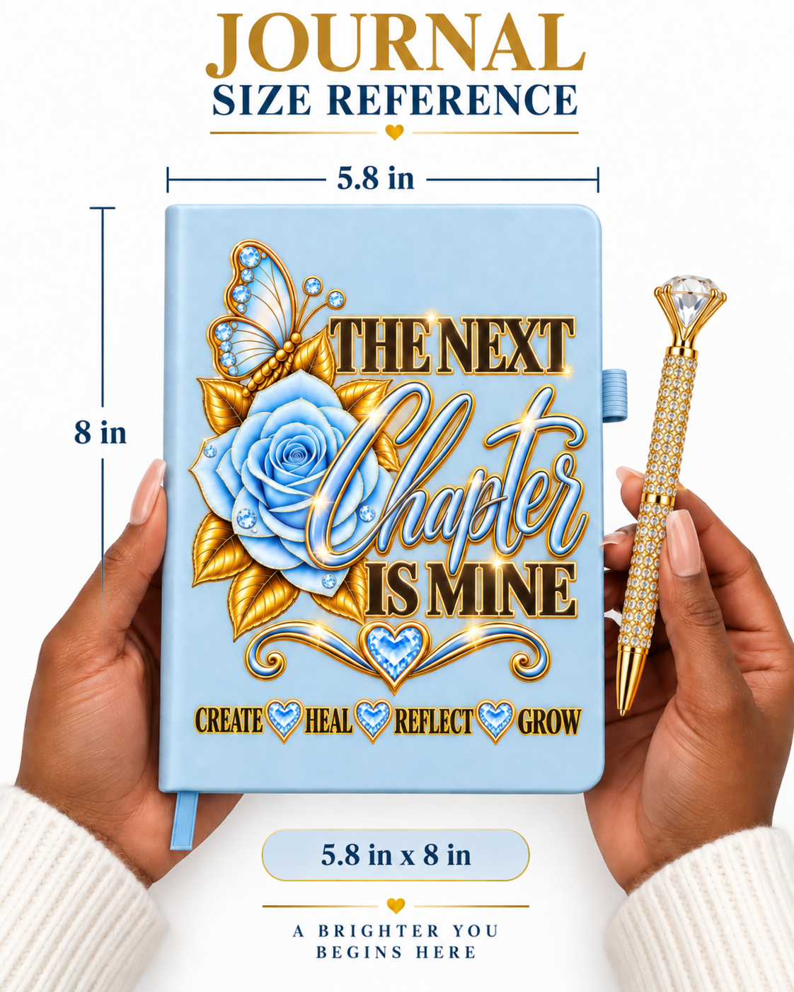 The Next Chapter Is Mine Journal in powder blue with blue rose, butterfly, gold lettering, heart accents, and jeweled pen