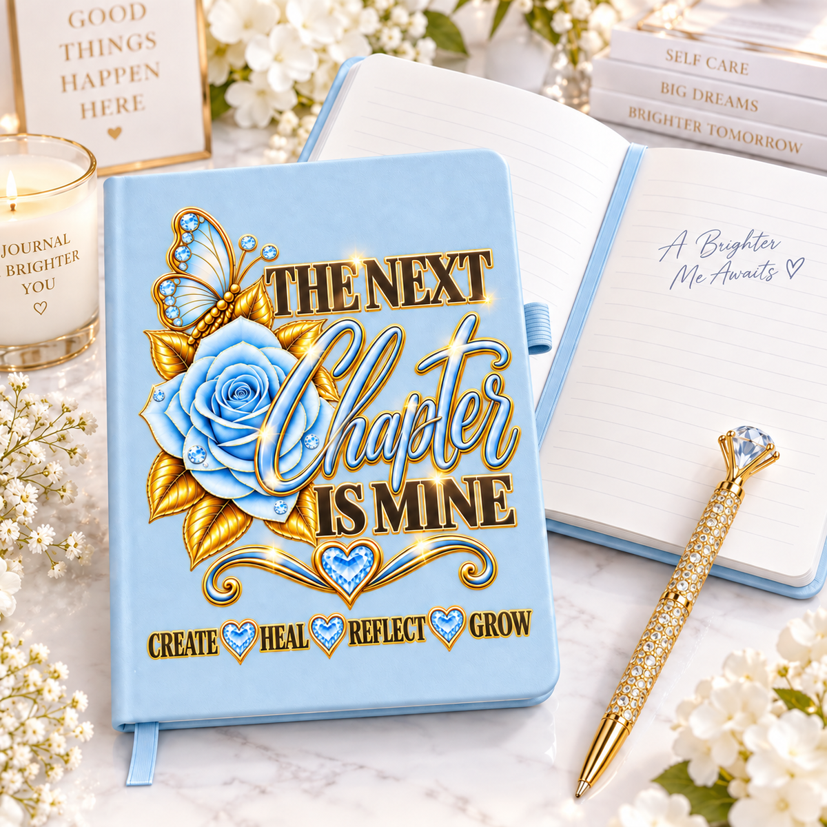 The Next Chapter Is Mine Journal in powder blue with blue rose, jeweled butterfly, gold lettering, and matching bling pen