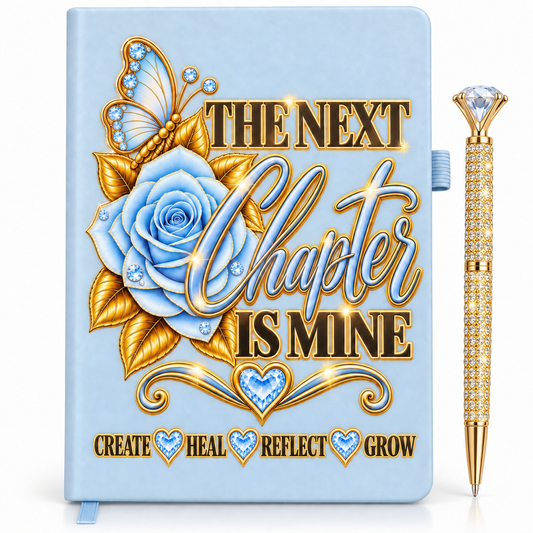 The Next Chapter Is Mine Journal in powder blue with blue rose, jeweled butterfly, gold lettering, and matching crystal pen
