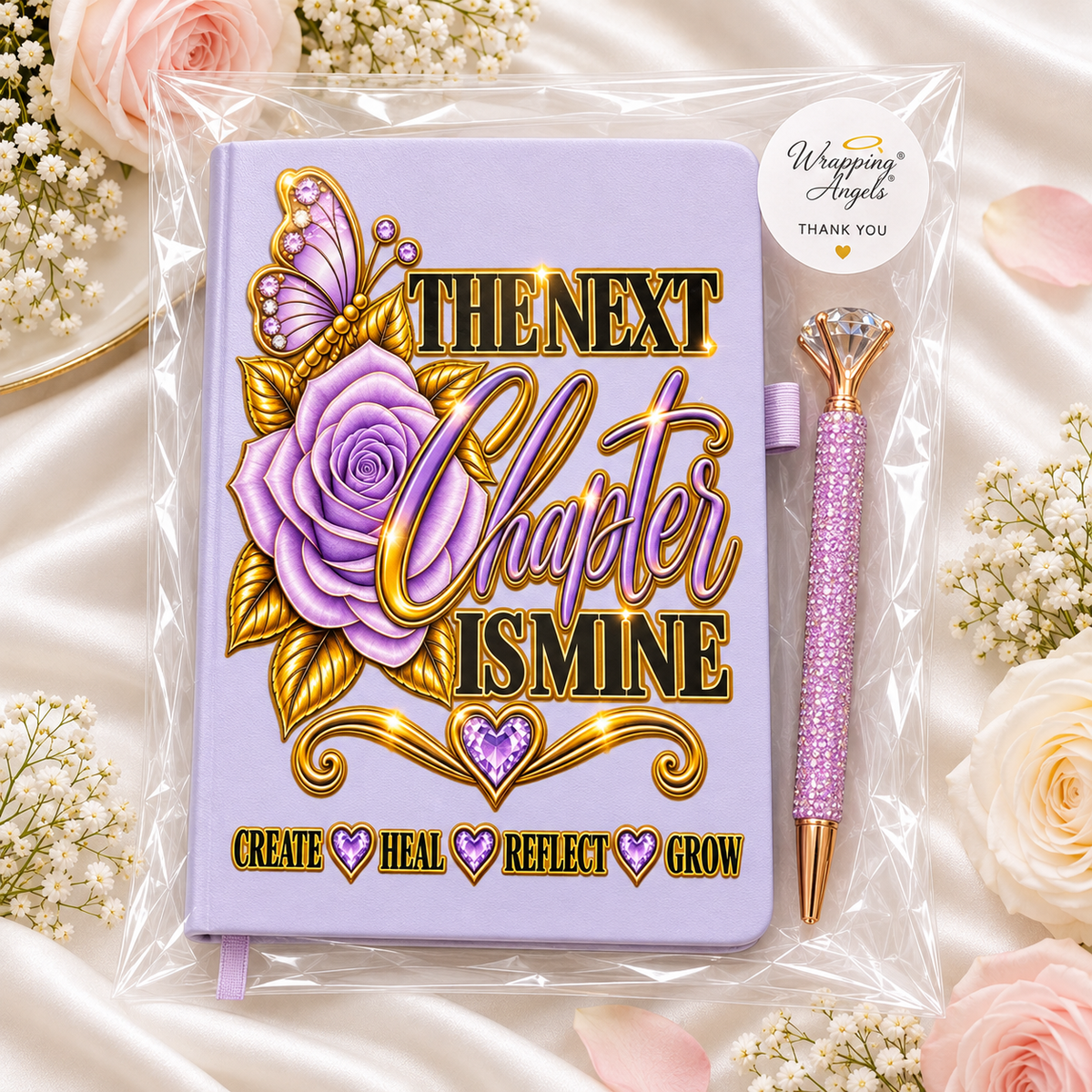 The Next Chapter Is Mine Lavender Journal with purple rose, butterfly, gold lettering, heart details, and matching jeweled pen
