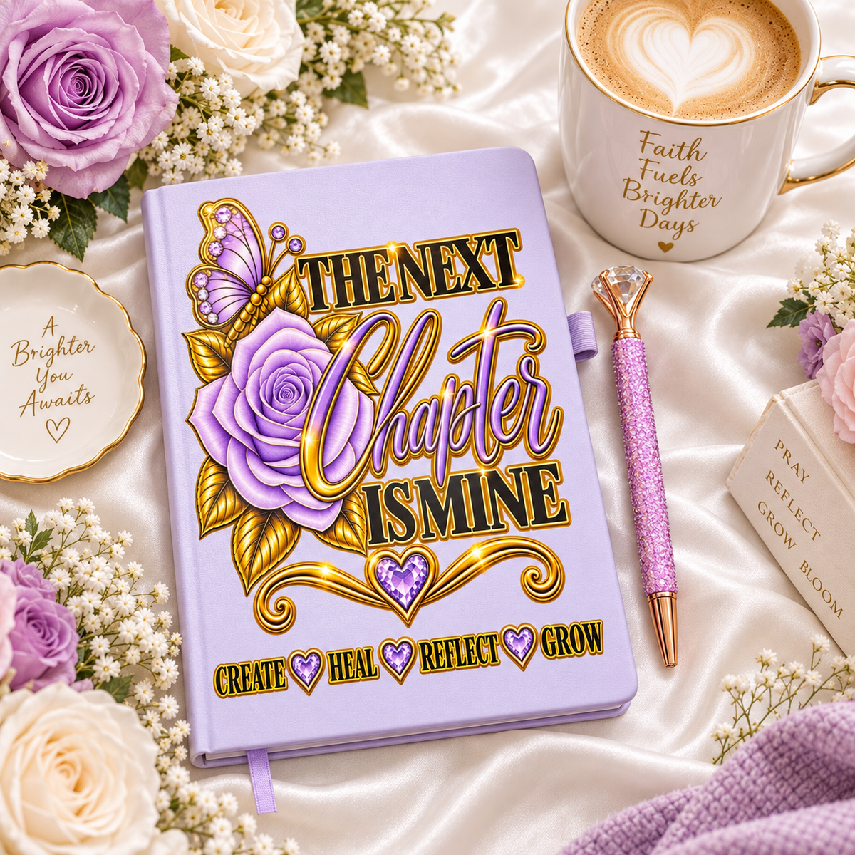 The Next Chapter Is Mine lavender journal with purple rose, jeweled butterfly, gold lettering, heart accents and matching glitter pen