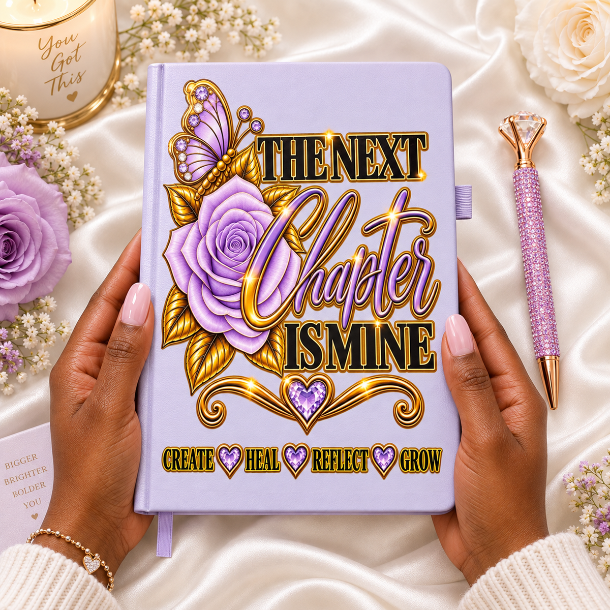 The Next Chapter Is Mine Lavender Journal with lavender cover, purple rose and butterfly, gold lettering, and jeweled heart